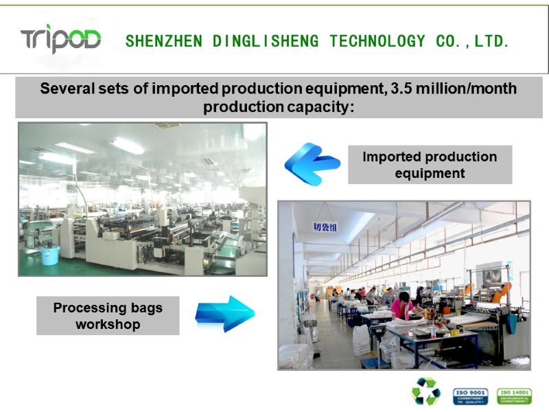 Several sets of imported production equipment, 3.5 million/month production capacity: Processing bags workshop Imported